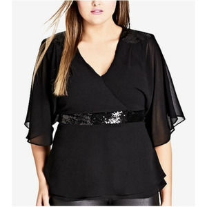 City Chic Black Sequin Wrap Top Plus Size 18